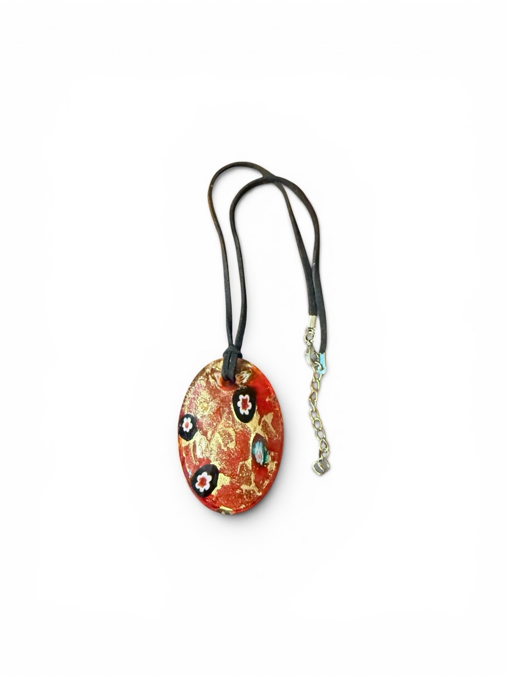Millifiori Art Glass Red Oval Pendant Necklace- Floral & Gold w/ Suede String